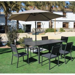 Gartenmöbel Sonnenschirm mit ausziehbarem Tisch HPL130-180 Palma Aluminium Anthrazit und 6 Hevea Stühle