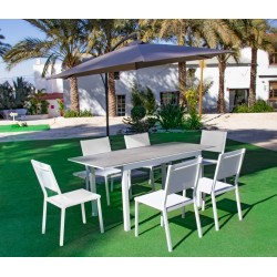 Gartenmöbel Sonnenschirm mit ausziehbarem Tisch HPL130-180 Palma Aluminium Weiß und 6 Hevea Stühle